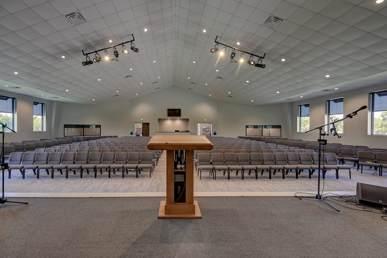 Sanctuary viewed from the pulpit, looking out over the seating toward the rear wall